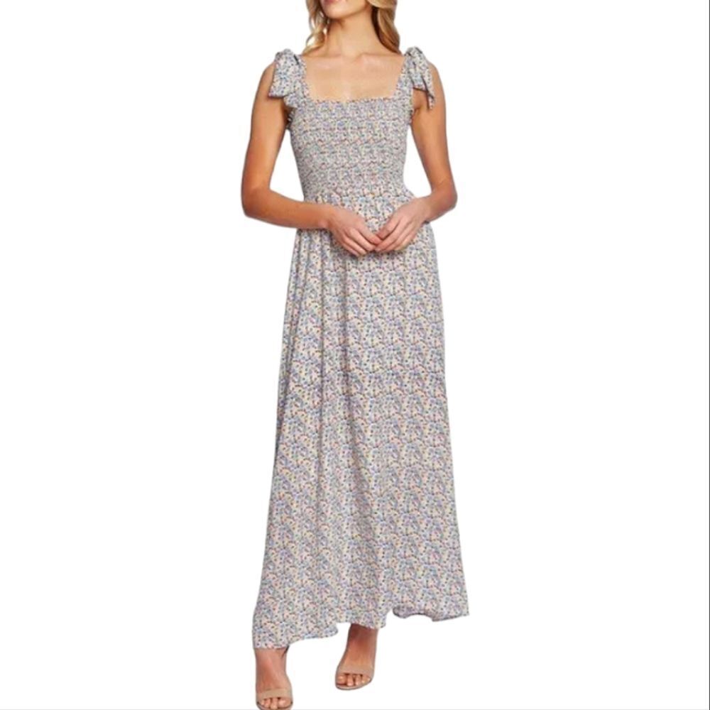 Cece dress Moroccan‎ Ditsy floral Smocked Maxi Shoulder Ties Small